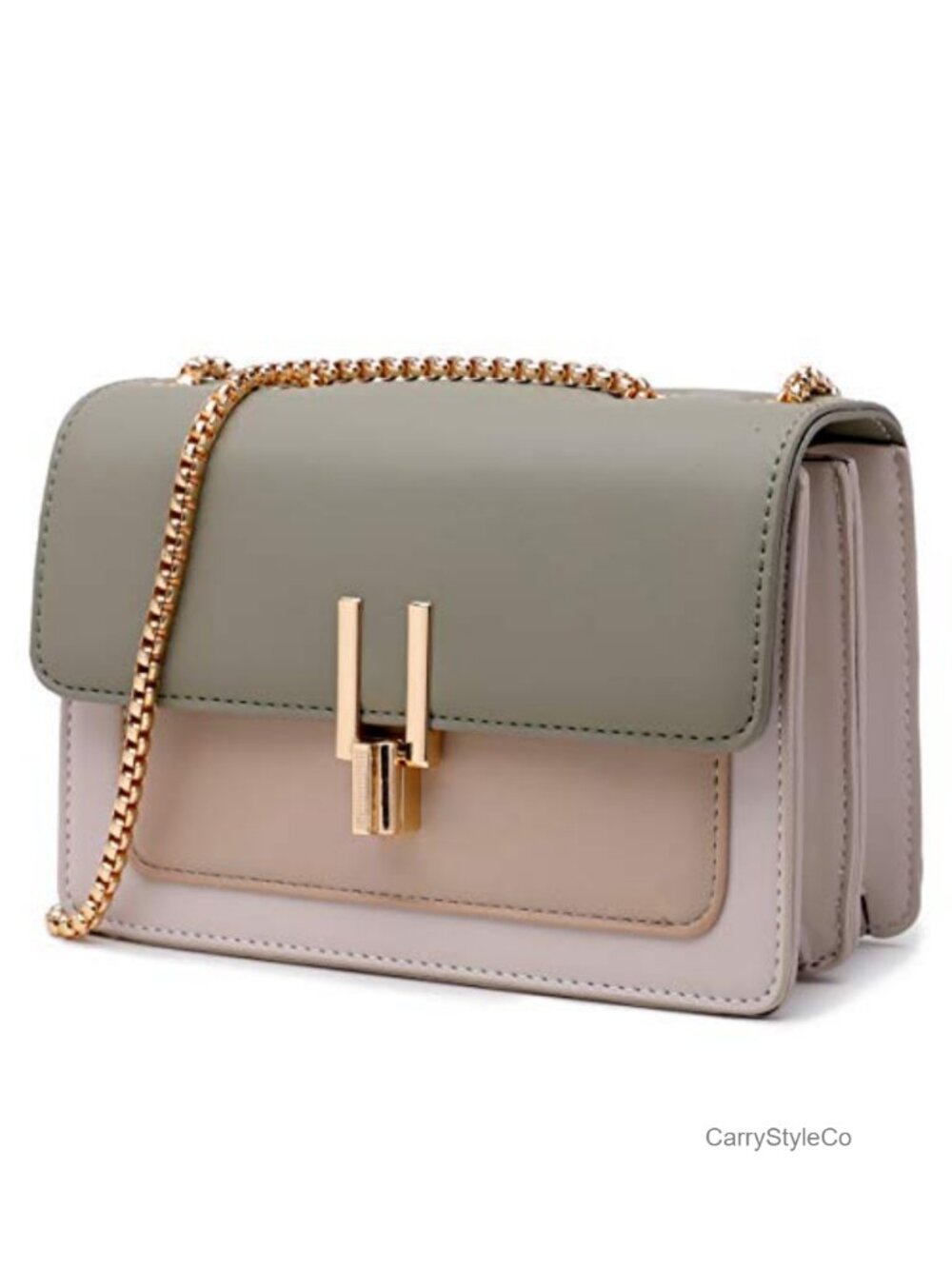 Faux Leather Color-Block Crossbody Bag with Turn Lock, Adjustable Strap